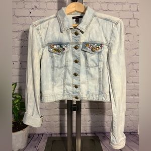 Cropped Jean Jacket with Jewel Pockets Size Medium Light Wash